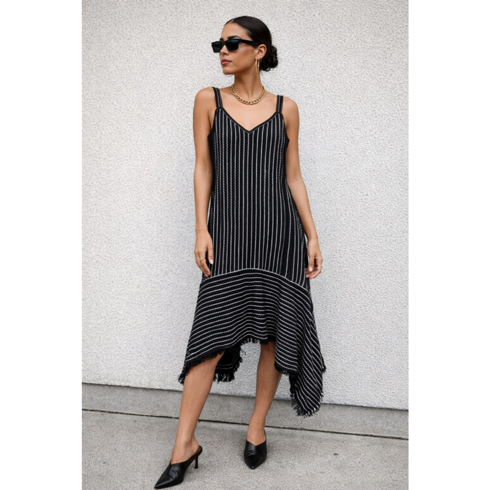 Derek Lam 10 Crosby Asymmetrical Knit Dress Black White Fringe Hem Size 8 Stripe